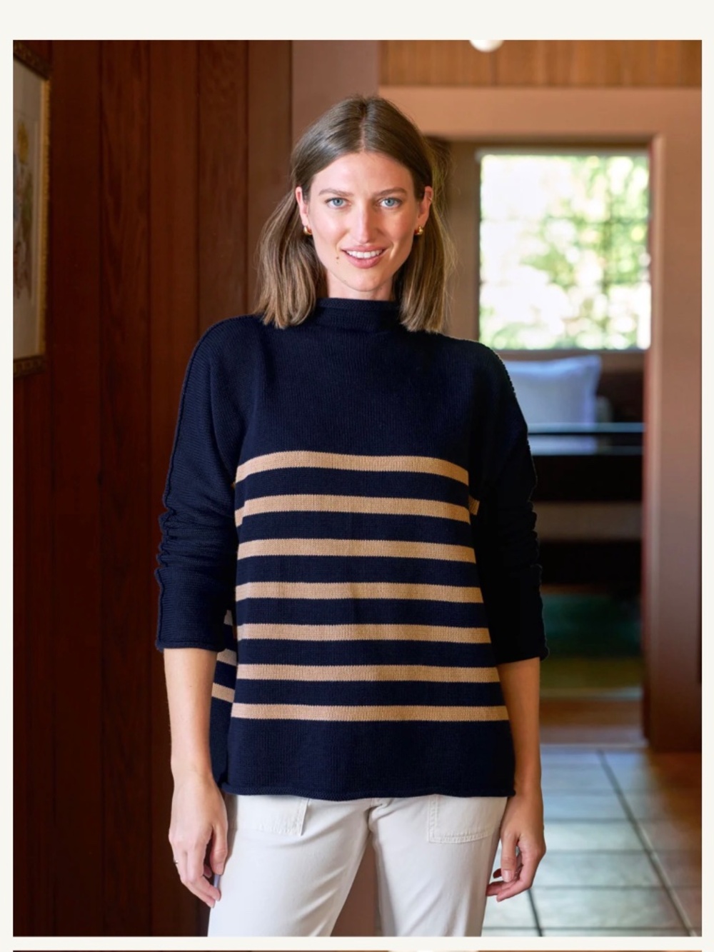 NEW Frank & Eileen Monterey Cotton Sweater in Navy Camel Stripe, XS